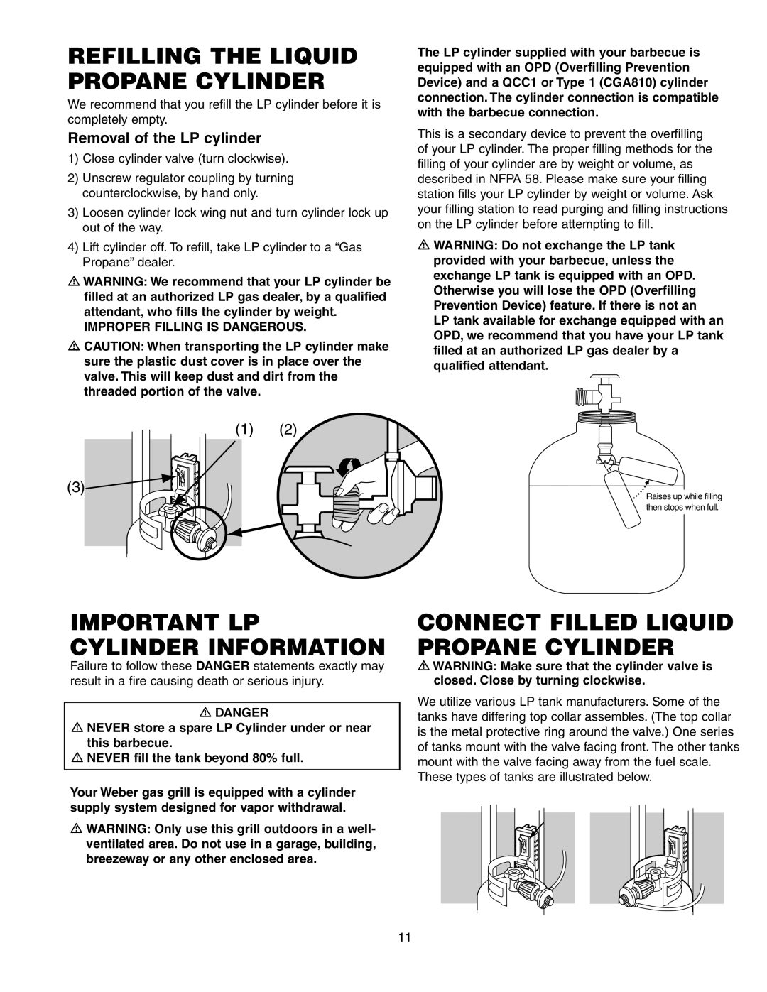 Weber 650 Refilling the Liquid Propane Cylinder, Important LP Cylinder Information, Connect Filled Liquid Propane Cylinder 