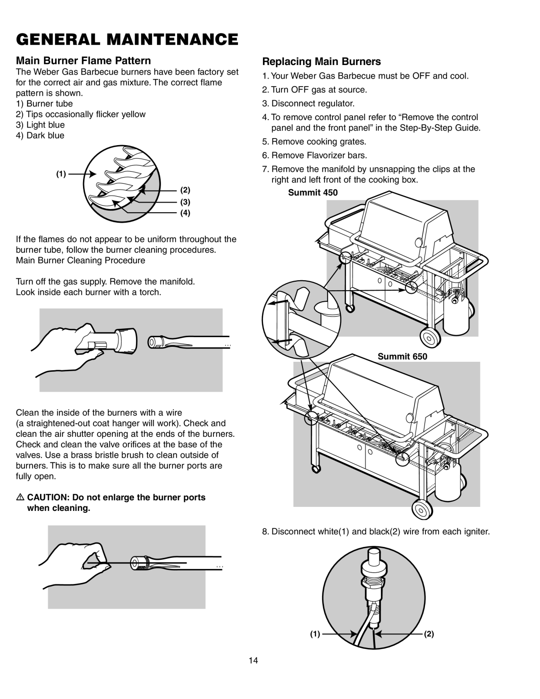 Weber 650 manual Main Burner Flame Pattern, Replacing Main Burners 