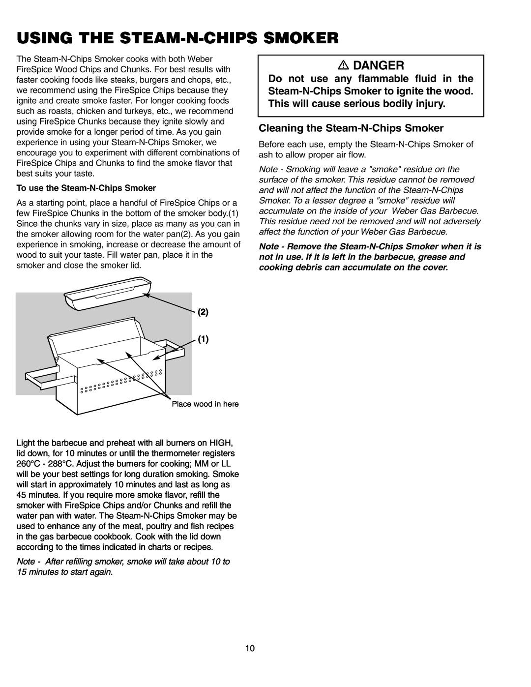Weber 650 manual Using The Steam-N-Chipssmoker, Cleaning the Steam-N-ChipsSmoker, Danger 