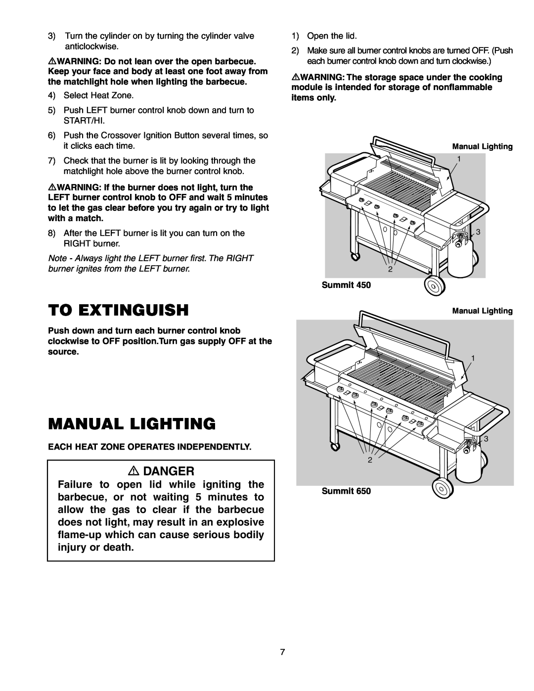 Weber 650 manual To Extinguish, Manual Lighting, Danger 