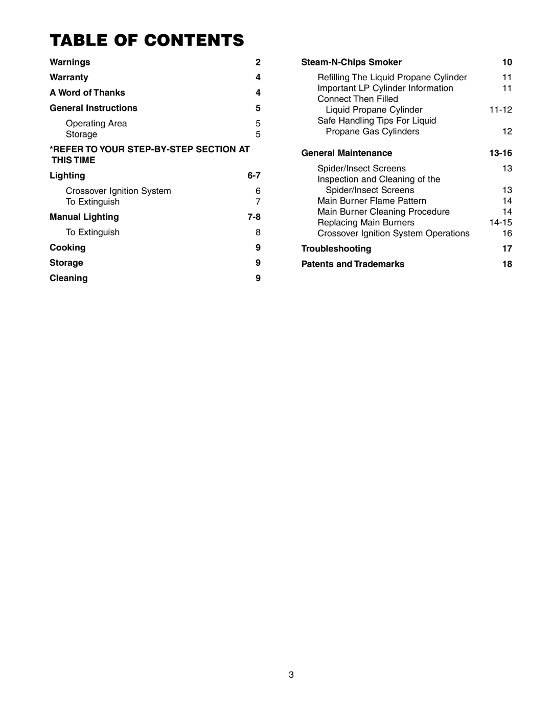 Weber 650 manual Table Of Contents 