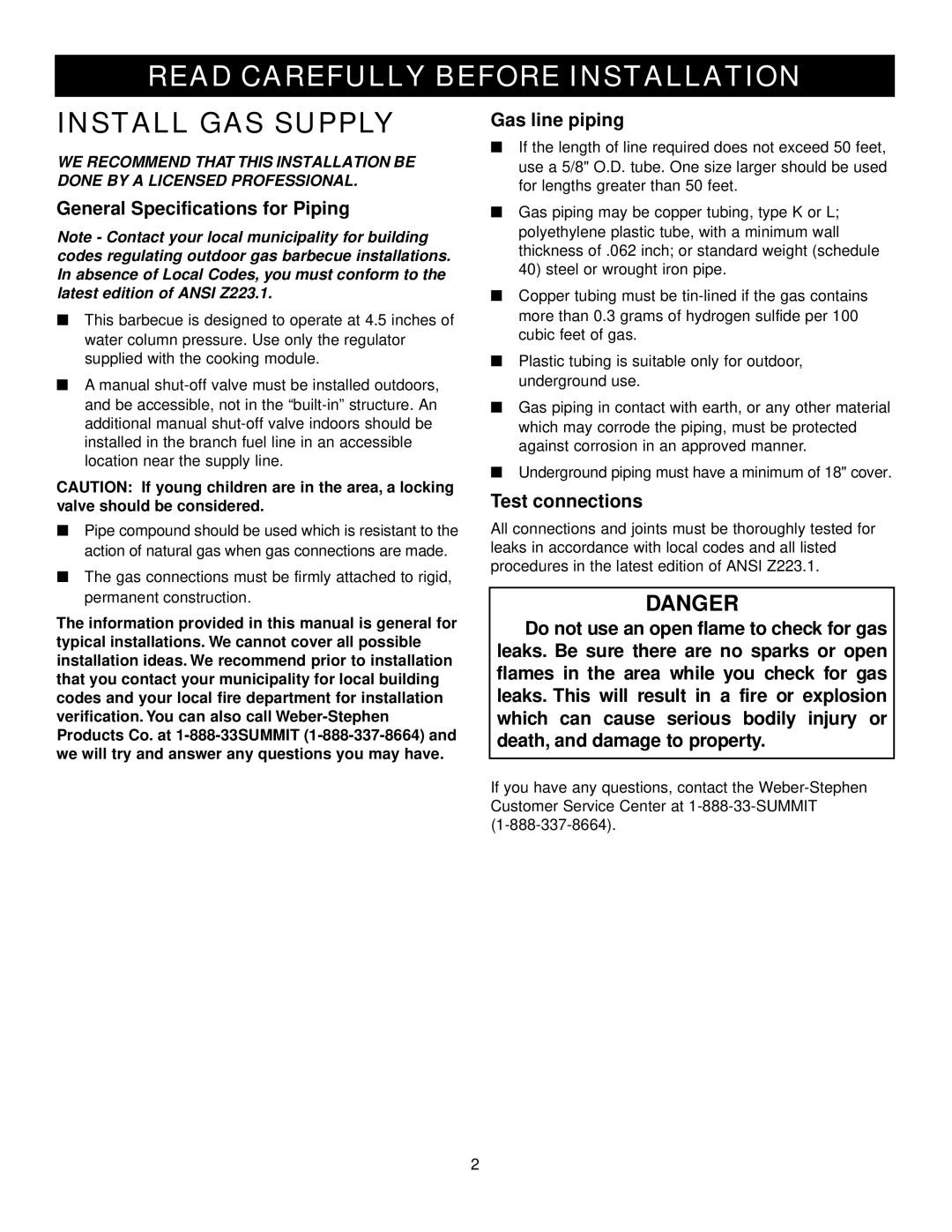 Weber 675, 475 manual Read Carefully Before Installation, Install GAS Supply 