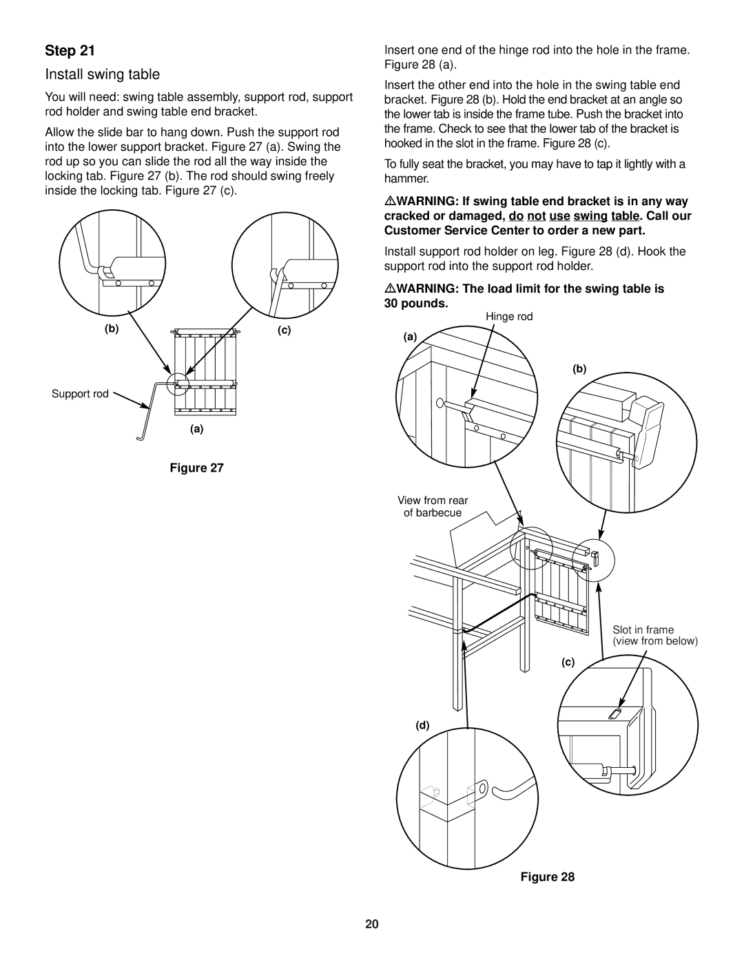 Weber 700 LX owner manual Install swing table, MWARNING The load limit for the swing table is 30 pounds 