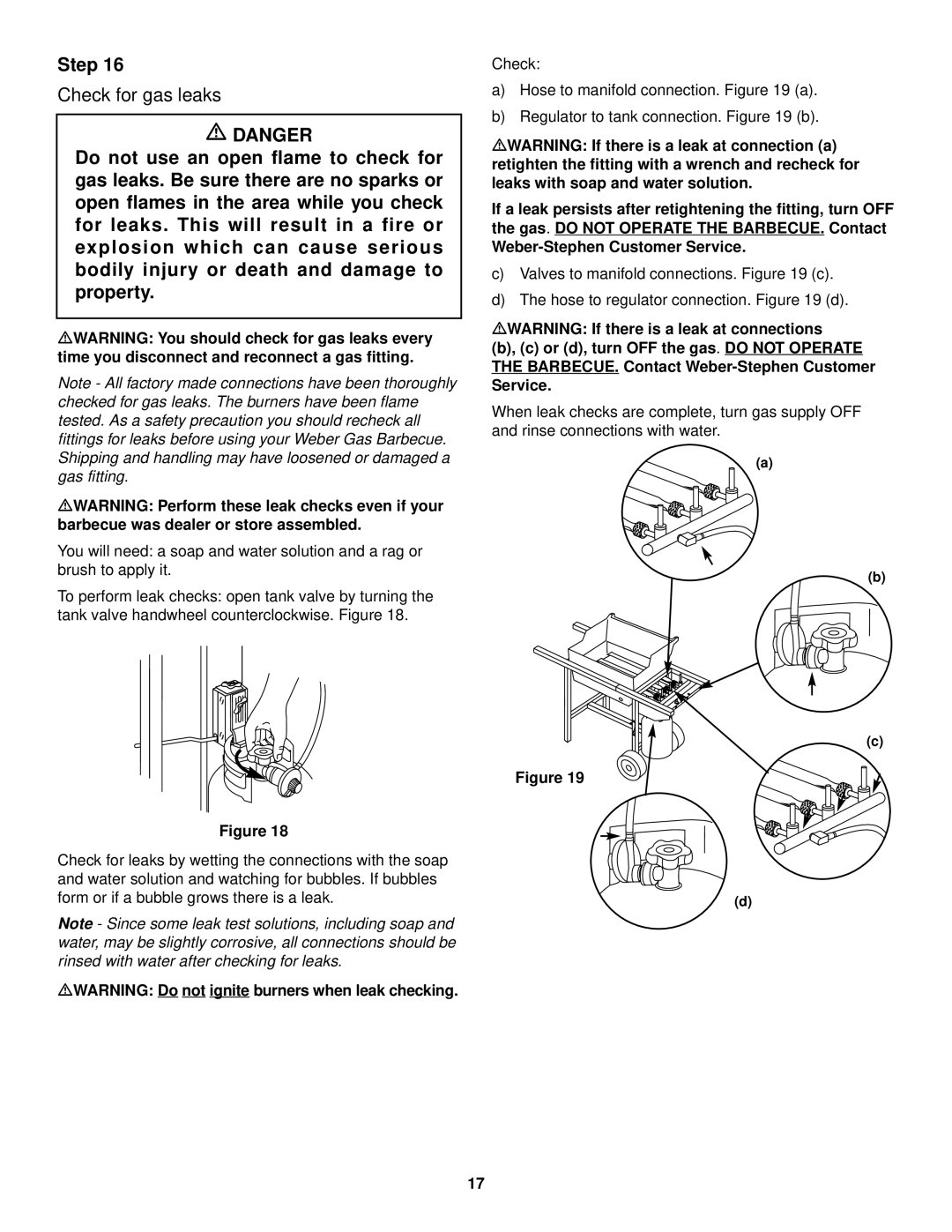 Weber 700 LX owner manual Check for gas leaks, MWARNING Do not ignite burners when leak checking 