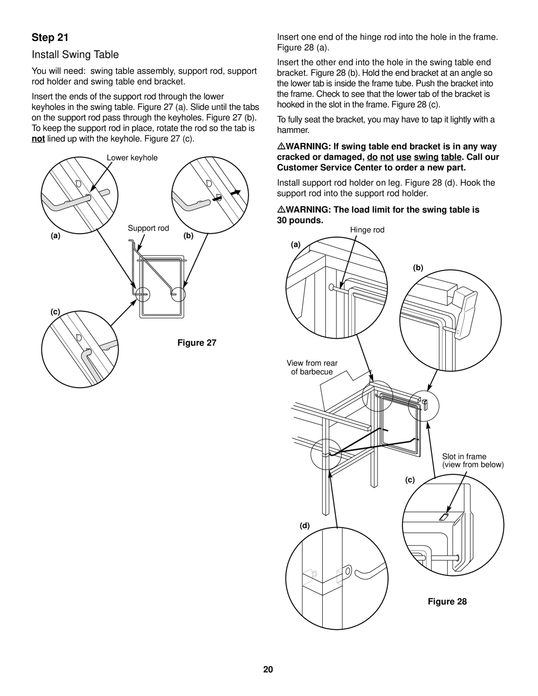 Weber 700 owner manual Install Swing Table, MWARNING The load limit for the swing table is 30 pounds 