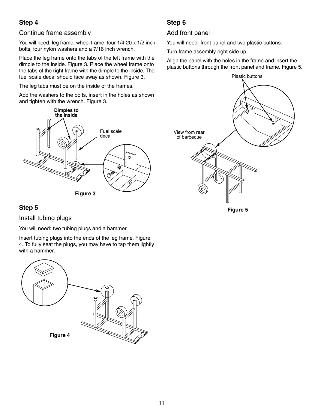 Weber 730 Series owner manual Continue frame assembly, Install tubing plugs, Add front panel 