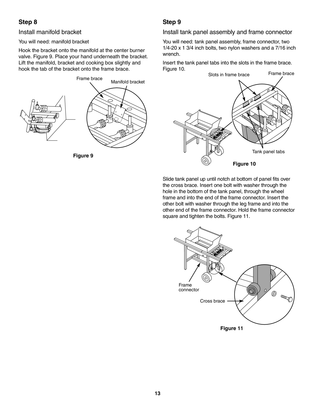 Weber 730 Series owner manual Install manifold bracket, Install tank panel assembly and frame connector 