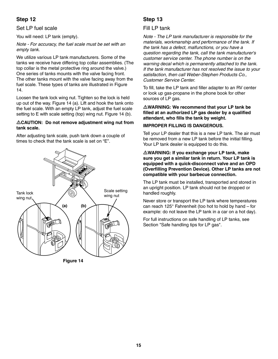 Weber 730 Series owner manual Set LP fuel scale, Fill LP tank 