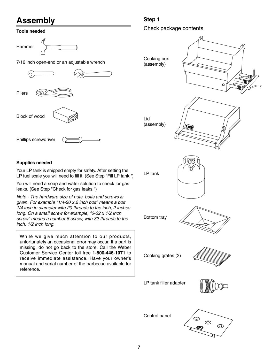 Weber 730 Series owner manual Assembly, Step, Check package contents 