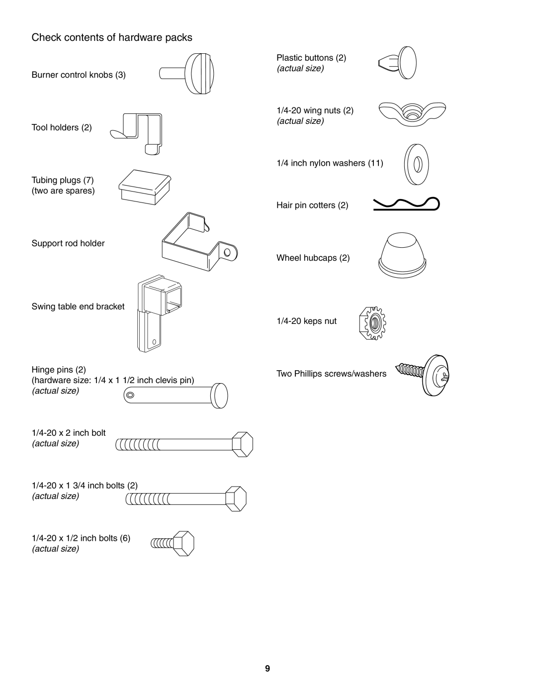 Weber 730 Series owner manual Check contents of hardware packs 