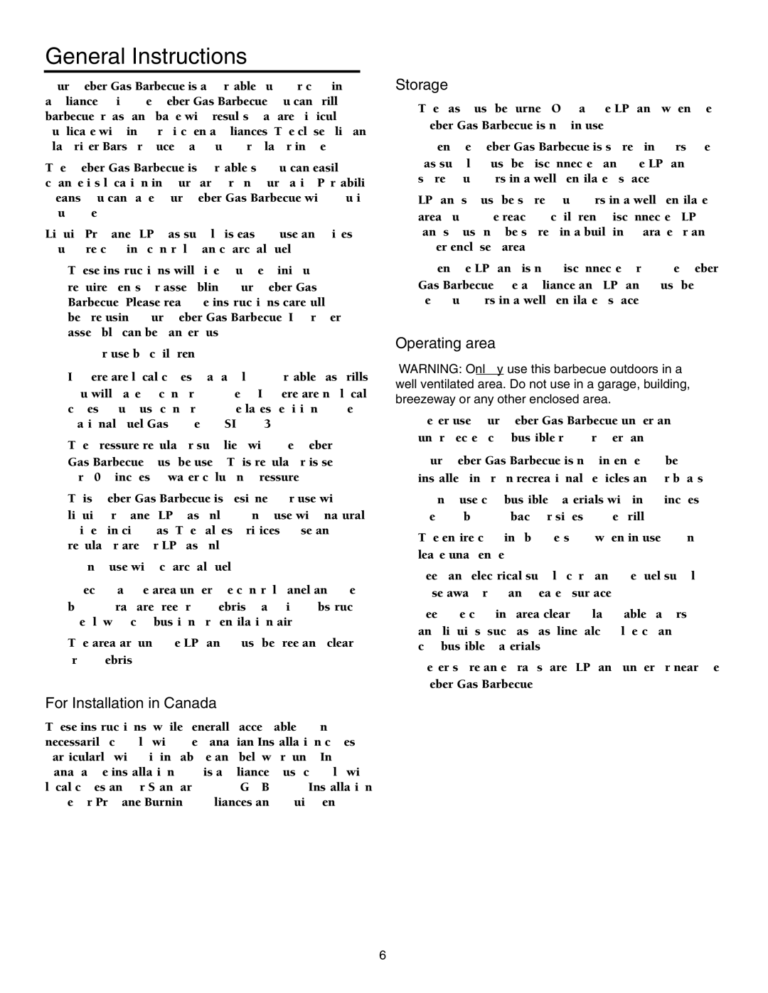 Weber 730 owner manual General Instructions, For Installation in Canada, Storage, Operating area 