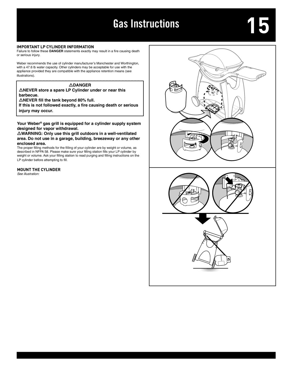 Weber Q 300, 77576 manual Gas Instructions, Important LP Cylinder Information 