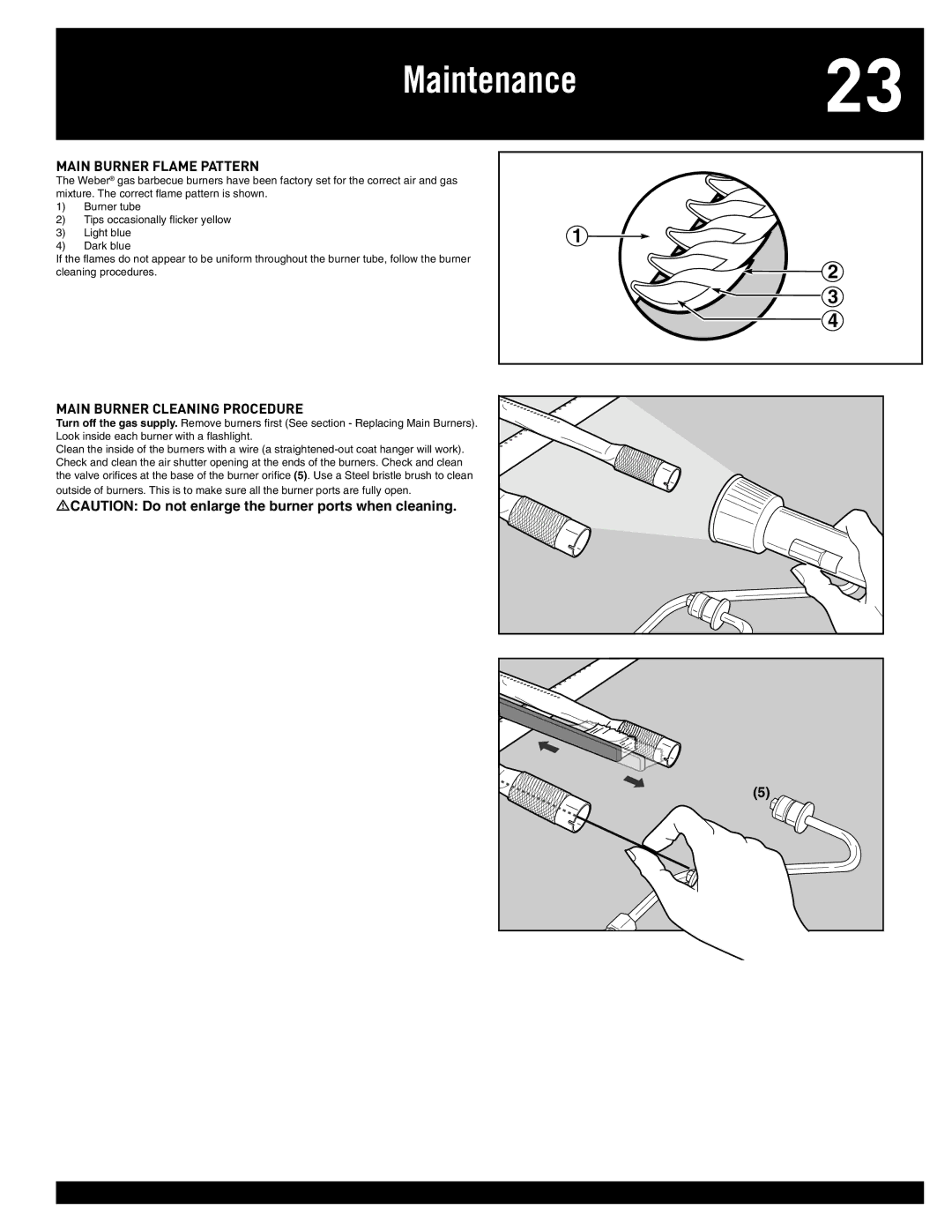 Weber Q 300, 77576 manual Maintenance23, Main Burner Flame Pattern, Main Burner Cleaning Procedure 