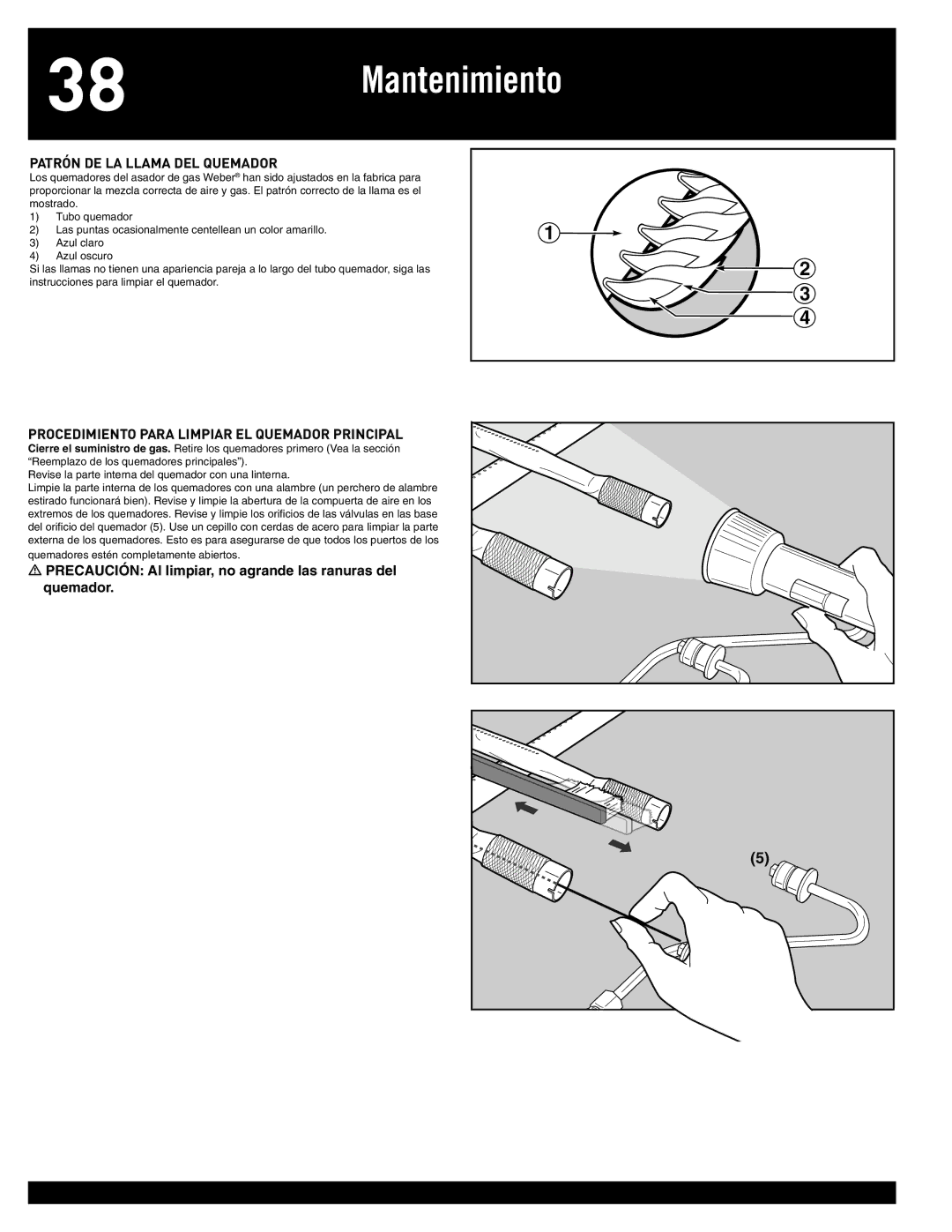Weber 77576, Q 300 manual Patrón DE LA Llama DEL Quemador, Procedimiento Para Limpiar EL Quemador Principal 