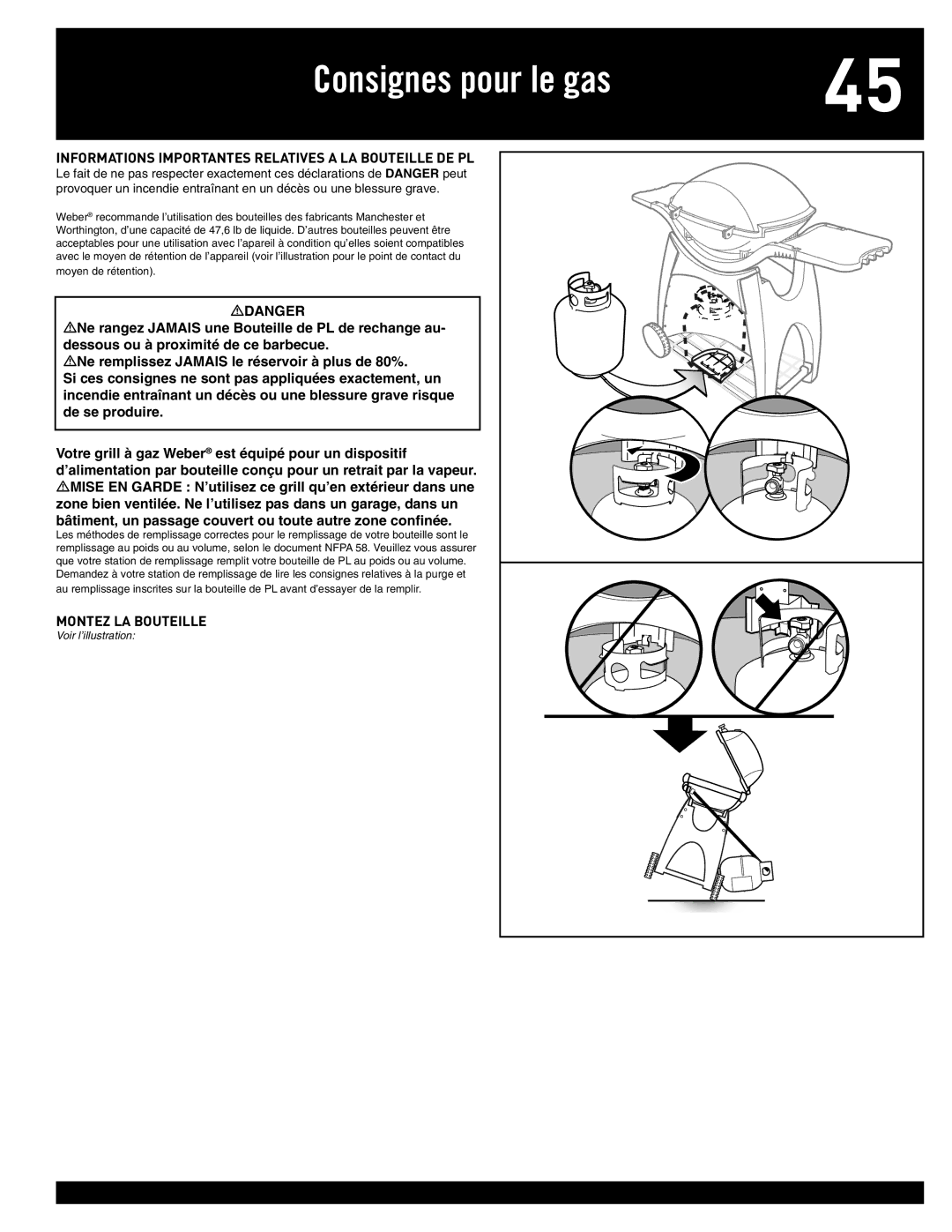 Weber Q 300, 77576 manual Consignes pour le gas, Informations Importantes Relatives a LA Bouteille DE PL 