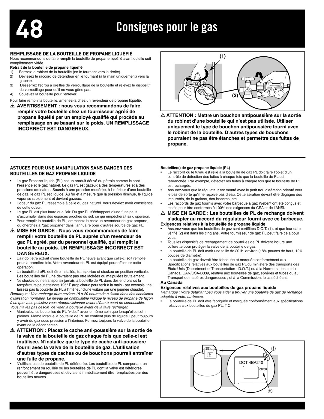 Weber 77576, Q 300 manual Remplissage DE LA Bouteille DE Propane Liquéfié, Retrait de la bouteille de propane liquéﬁé 