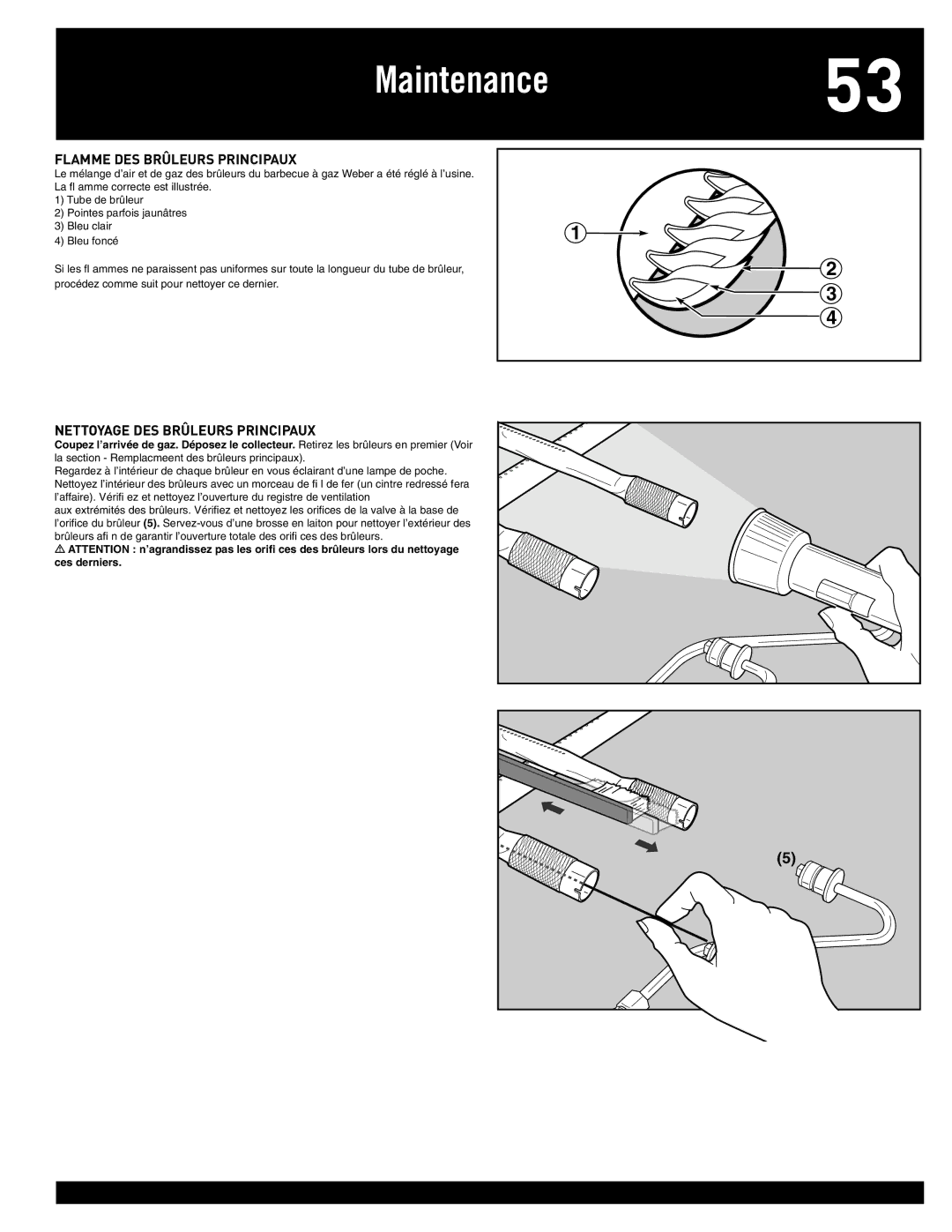 Weber Q 300, 77576 manual Maintenance53, Flamme DES Brûleurs Principaux, Nettoyage DES Brûleurs Principaux 