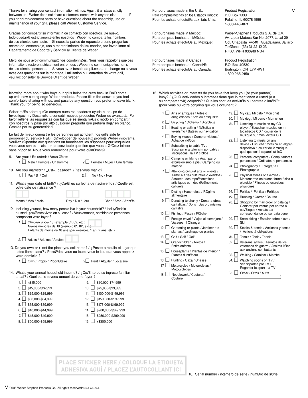 Weber 77576, Q 300 manual For purchases made in the U.S 