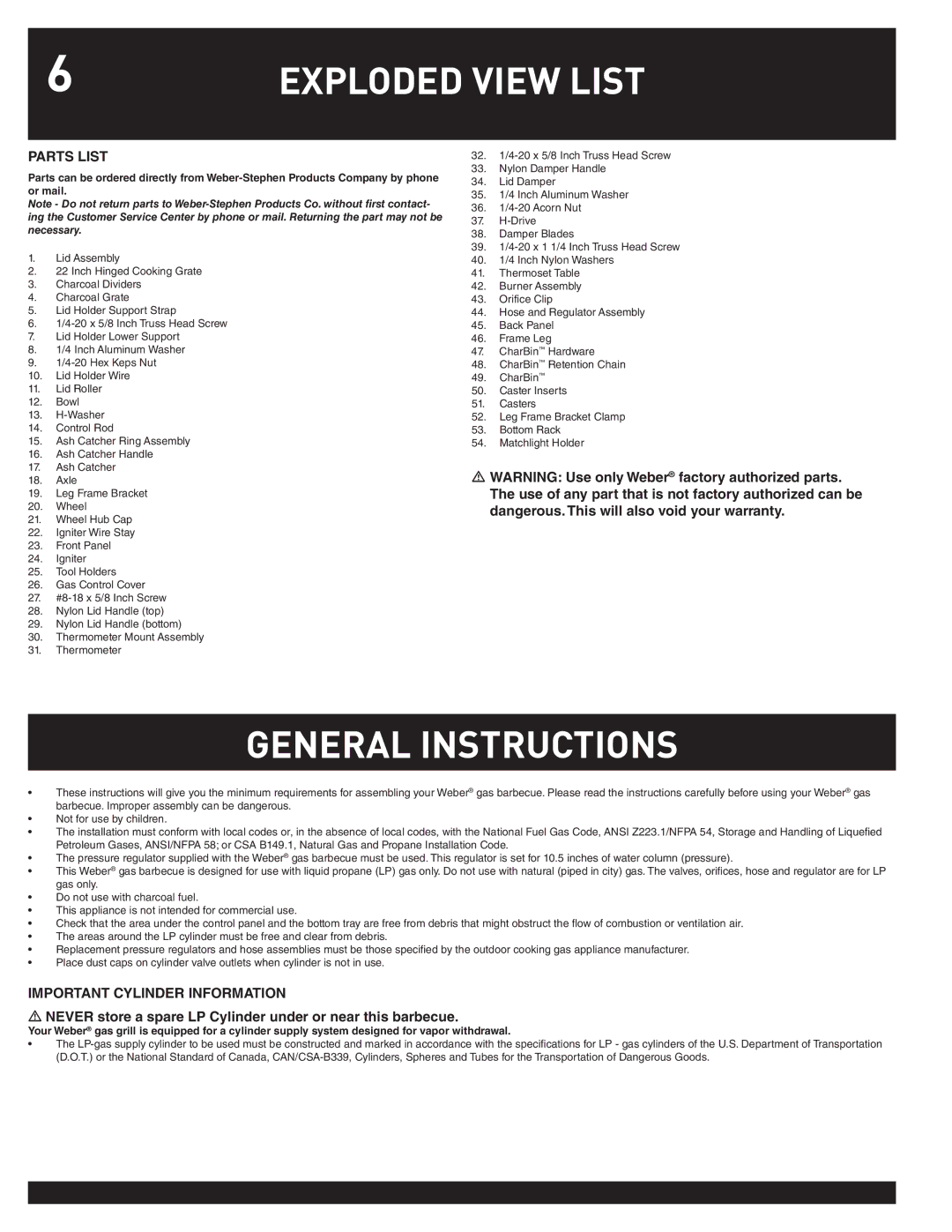 Weber 78763 manual Exploded View List, General Instructions, Parts List 