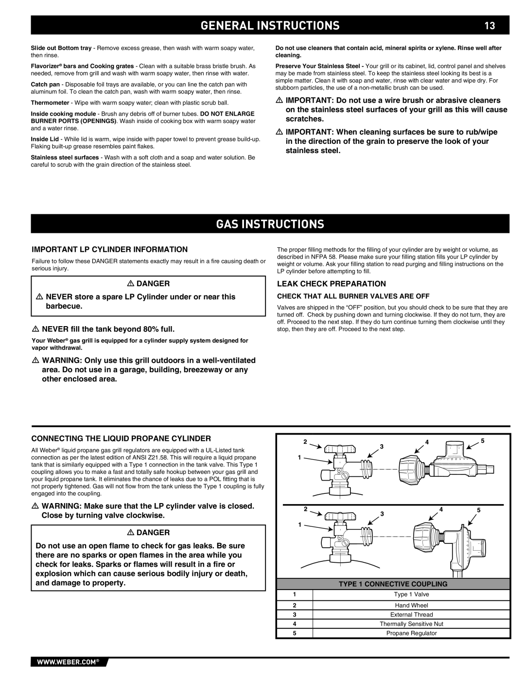 Weber 89369 manual GAS Instructions, Important LP Cylinder Information, Leak Check Preparation 