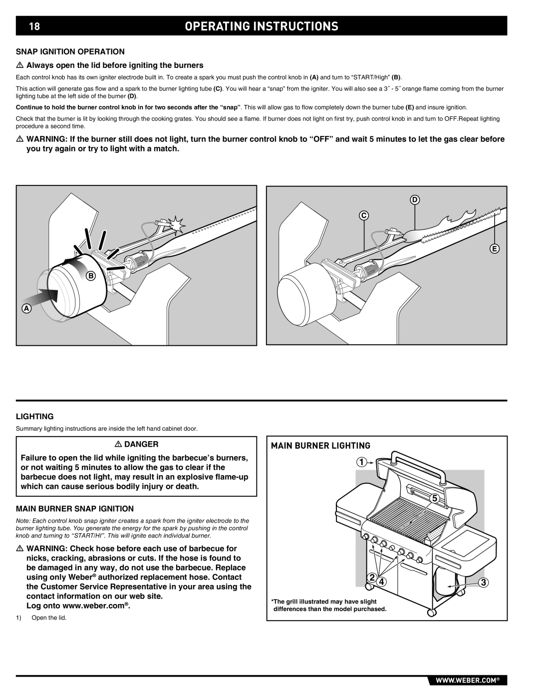 Weber 89369 Operating Instructions, Snap Ignition Operation, Always open the lid before igniting the burners, Lighting 