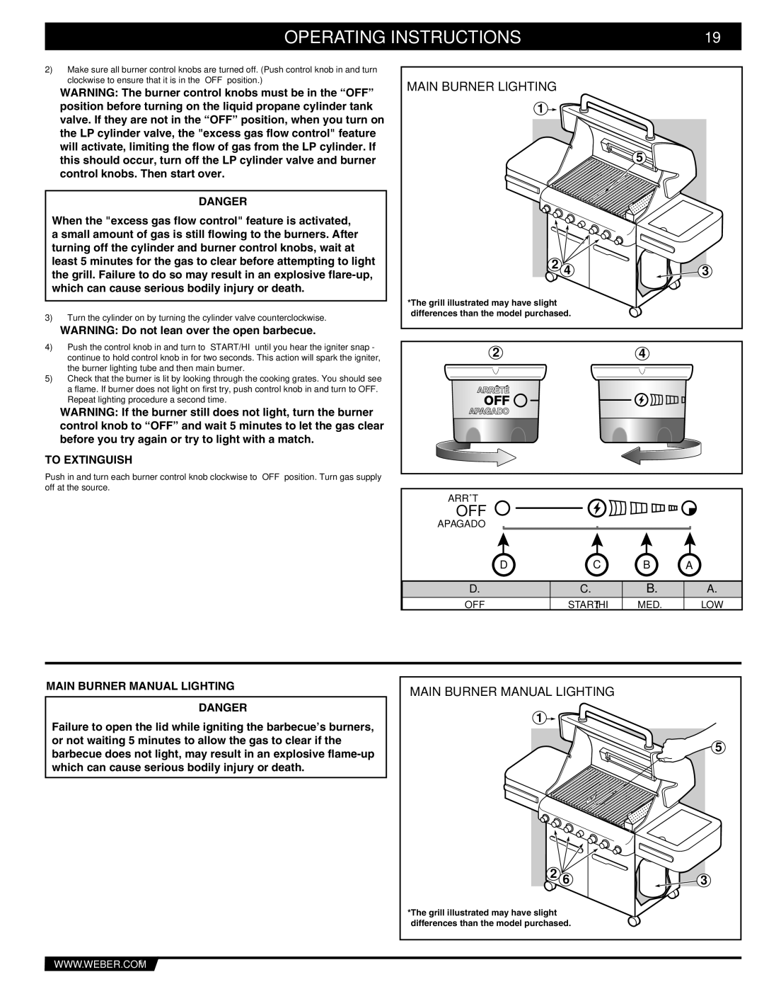 Weber 89369 manual To Extinguish, Main Burner Manual Lighting, Arrêté, Apagado 