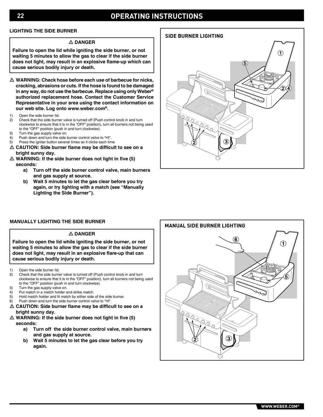 Weber 89369 manual Side Burner Lighting Manually Lighting the Side Burner, Manual Side Burner Lighting 