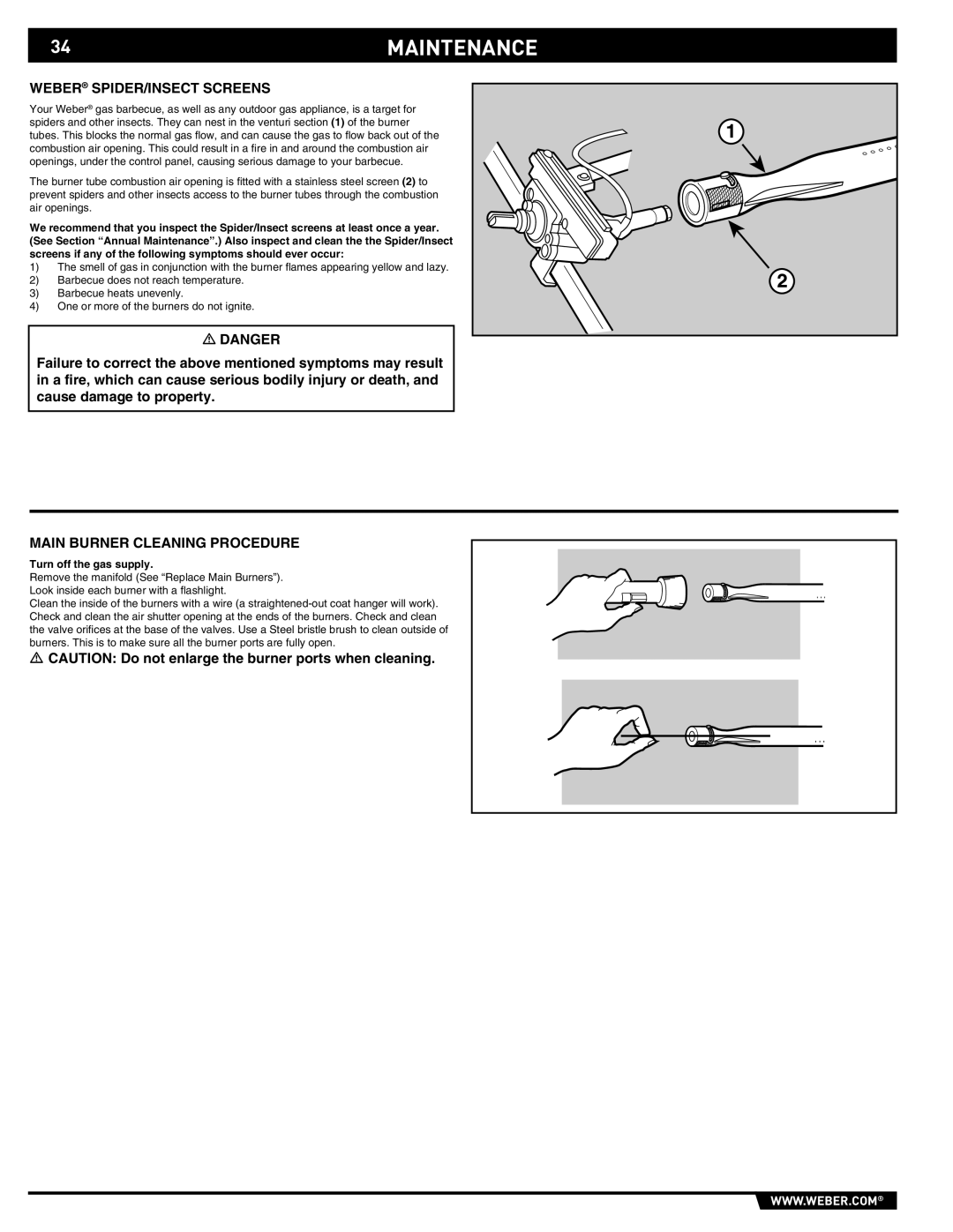 Weber 89369 manual 34MAINTENANCE, Weber SPIDER/INSECT Screens, Main Burner Cleaning Procedure, Turn off the gas supply 