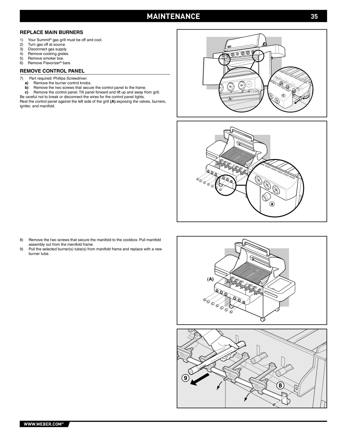 Weber 89369 manual MAINTENANCE35, Replace Main Burners 