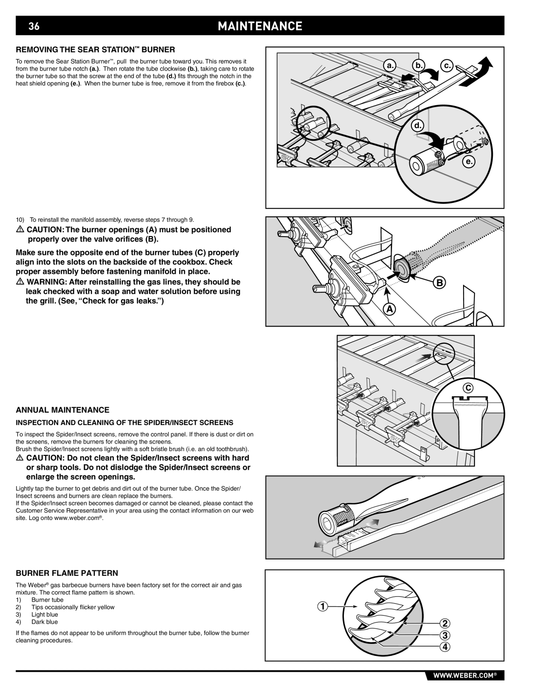 Weber 89369 manual 36MAINTENANCE, Removing the Sear Station Burner, Annual Maintenance, Burner Flame Pattern 