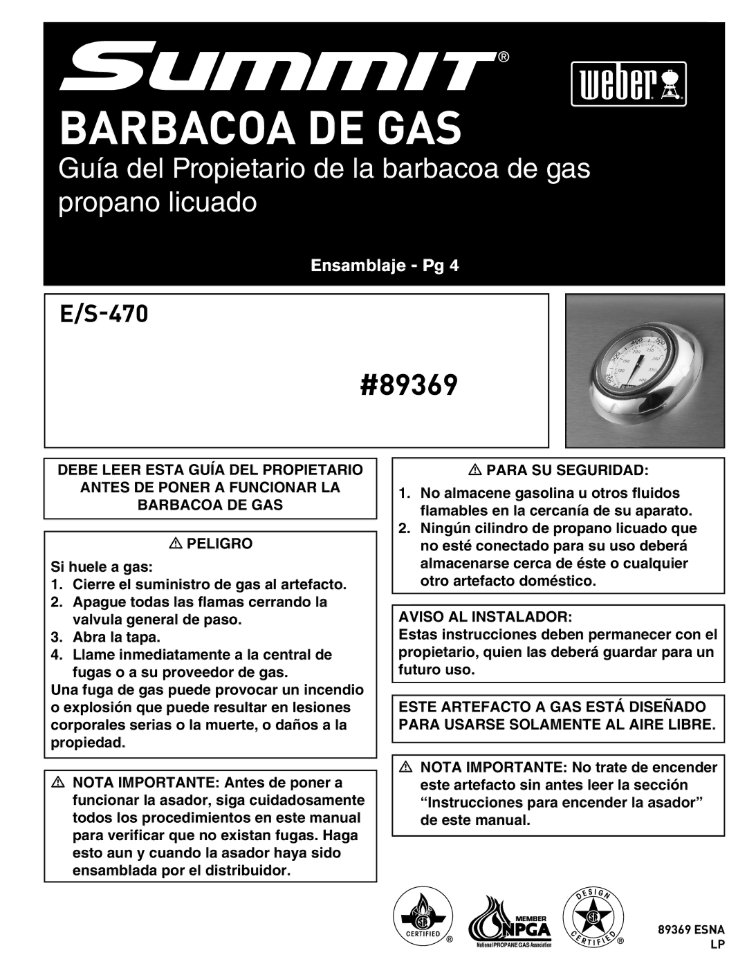 Weber 89369 manual Barbacoa DE GAS 