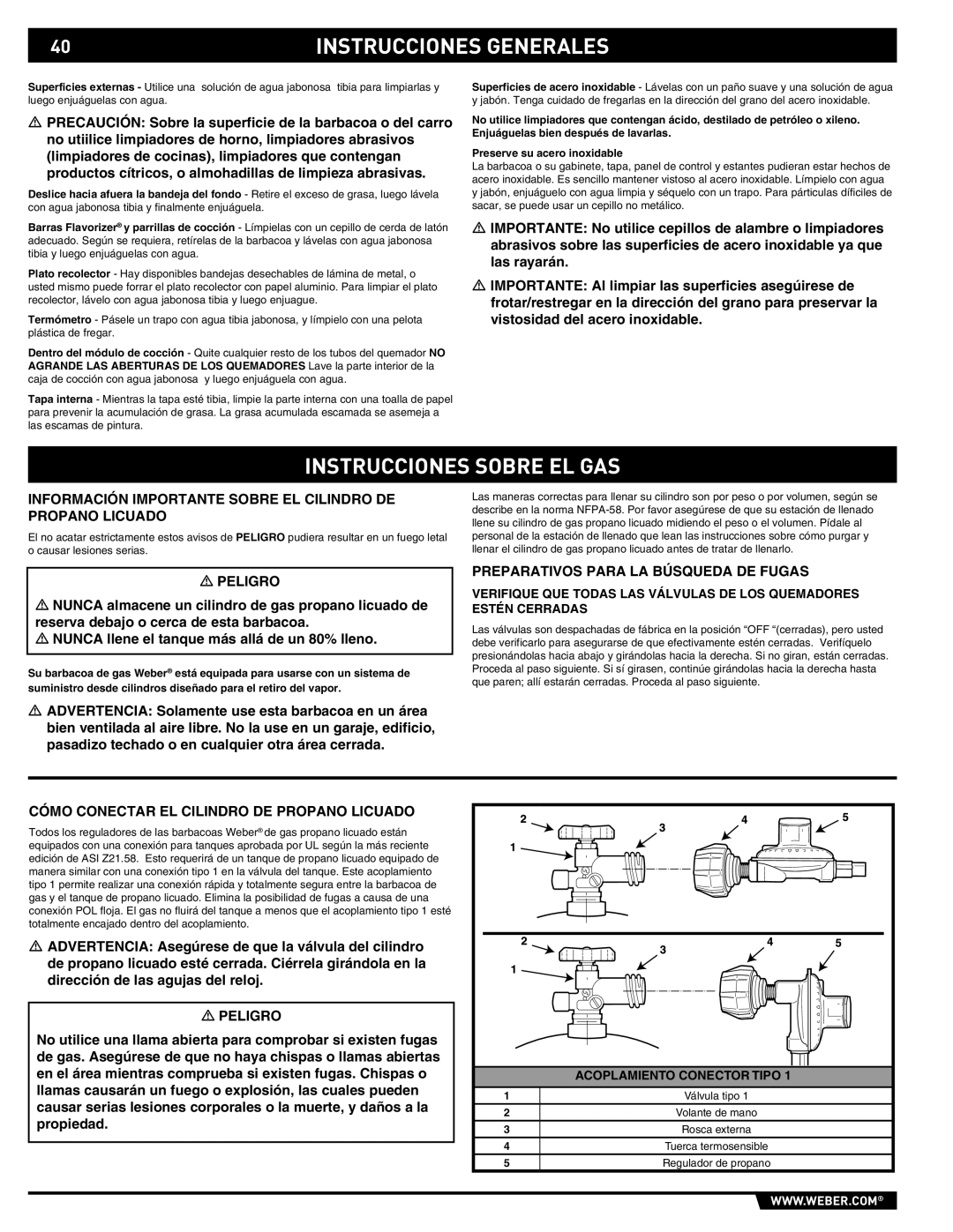 Weber 89369 manual Instrucciones Sobre EL GAS, Información Importante Sobre EL Cilindro DE Propano Licuado 