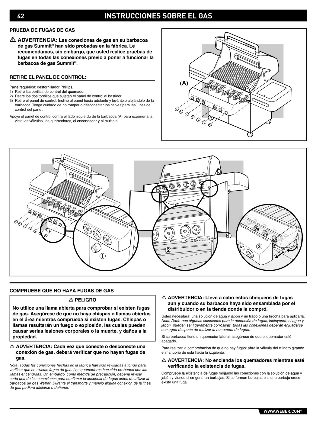 Weber 89369 manual Prueba DE Fugas DE GAS, Retire EL Panel DE Control, Compruebe QUE no Haya Fugas DE GAS Peligro 