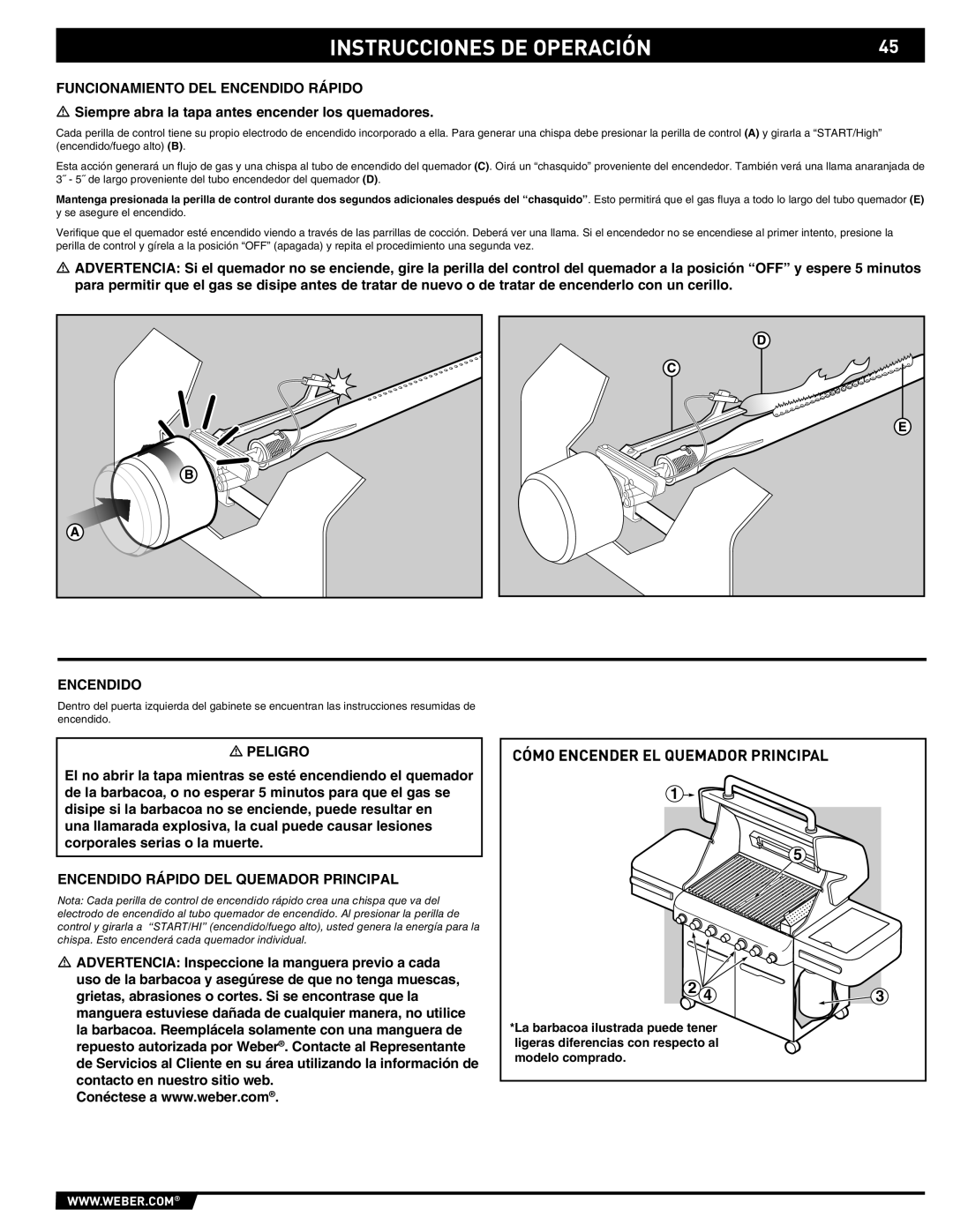 Weber 89369 manual Instrucciones DE Operación, Funcionamiento DEL Encendido Rápido, Encendido Rápido DEL Quemador Principal 