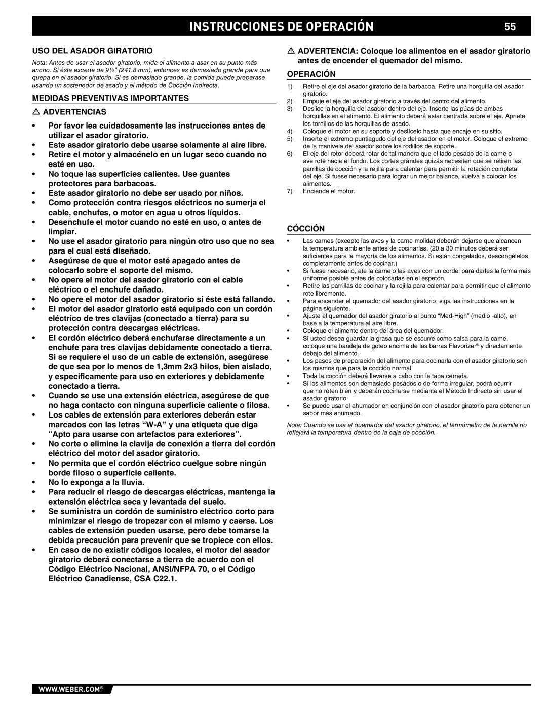 Weber 89369 manual USO DEL Asador Giratorio, Medidas Preventivas Importantes Advertencias, Operación, Cócción 