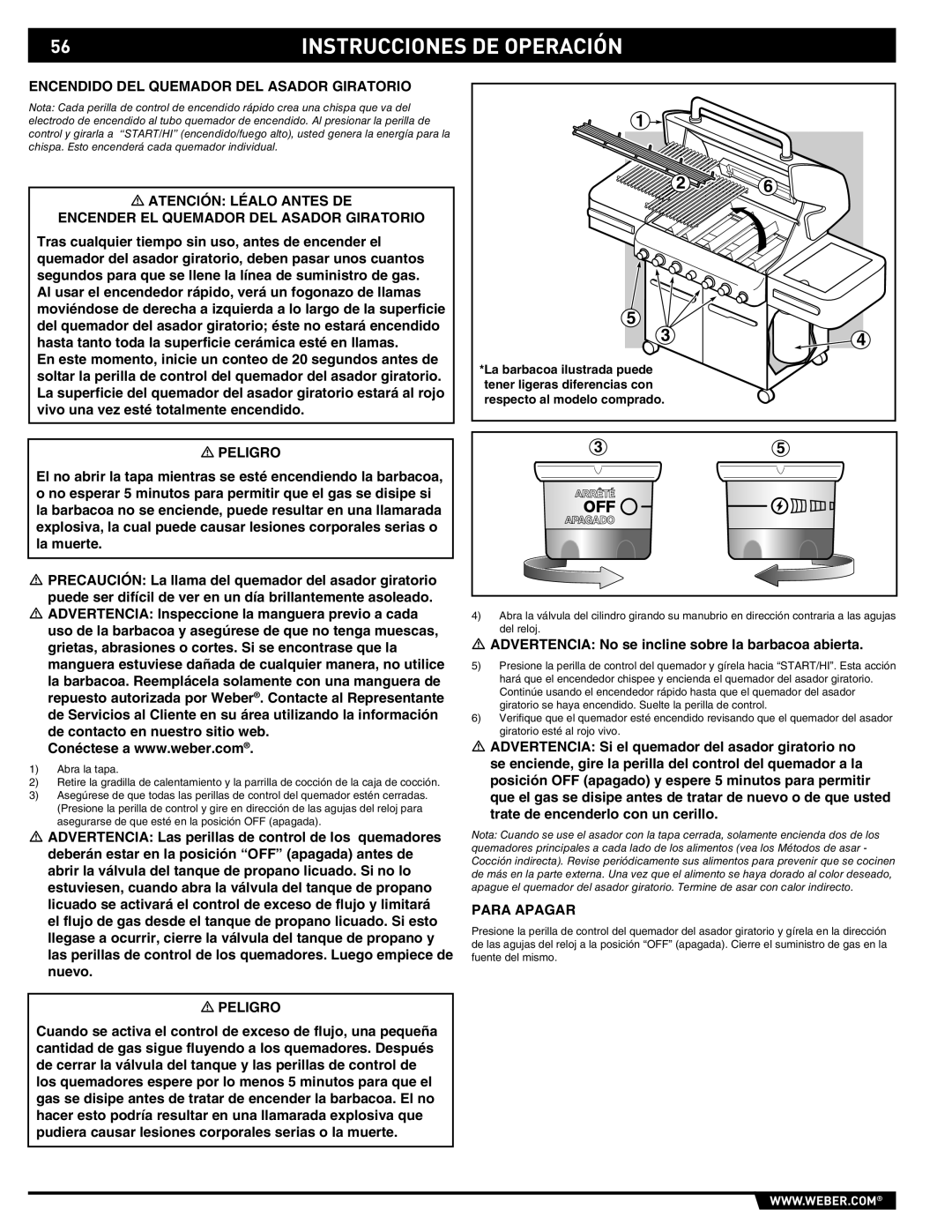 Weber 89369 manual Encendido DEL Quemador DEL Asador Giratorio, Advertencia No se incline sobre la barbacoa abierta 