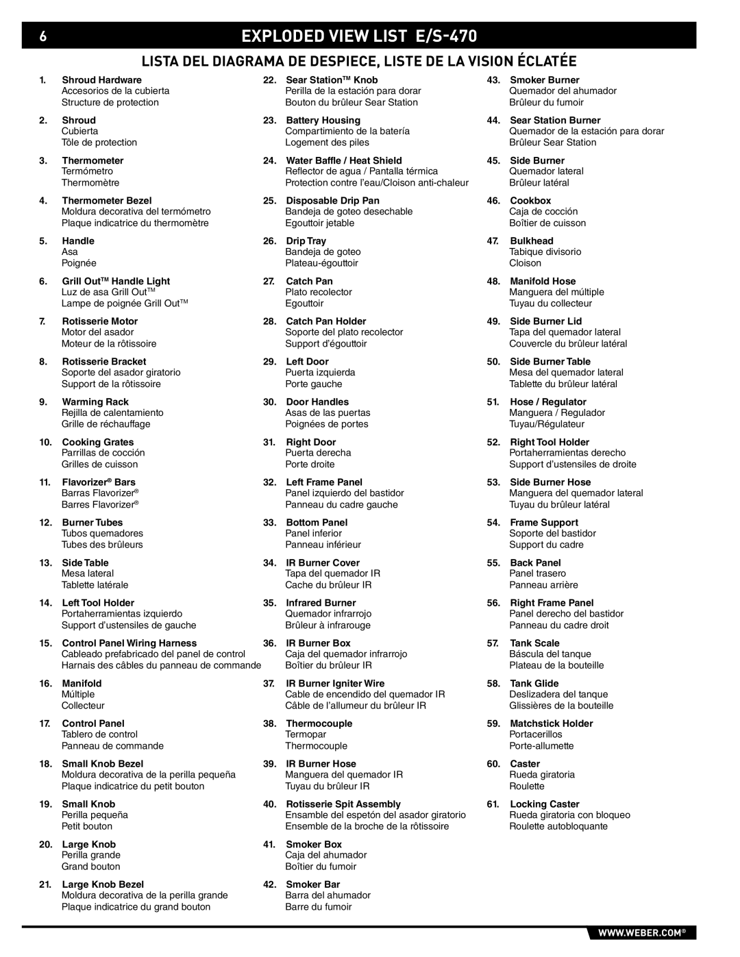 Weber 89369 manual Exploded View List E/S-470, Lista DEL Diagrama DE DESPIECE, Liste DE LA Vision Éclatée 