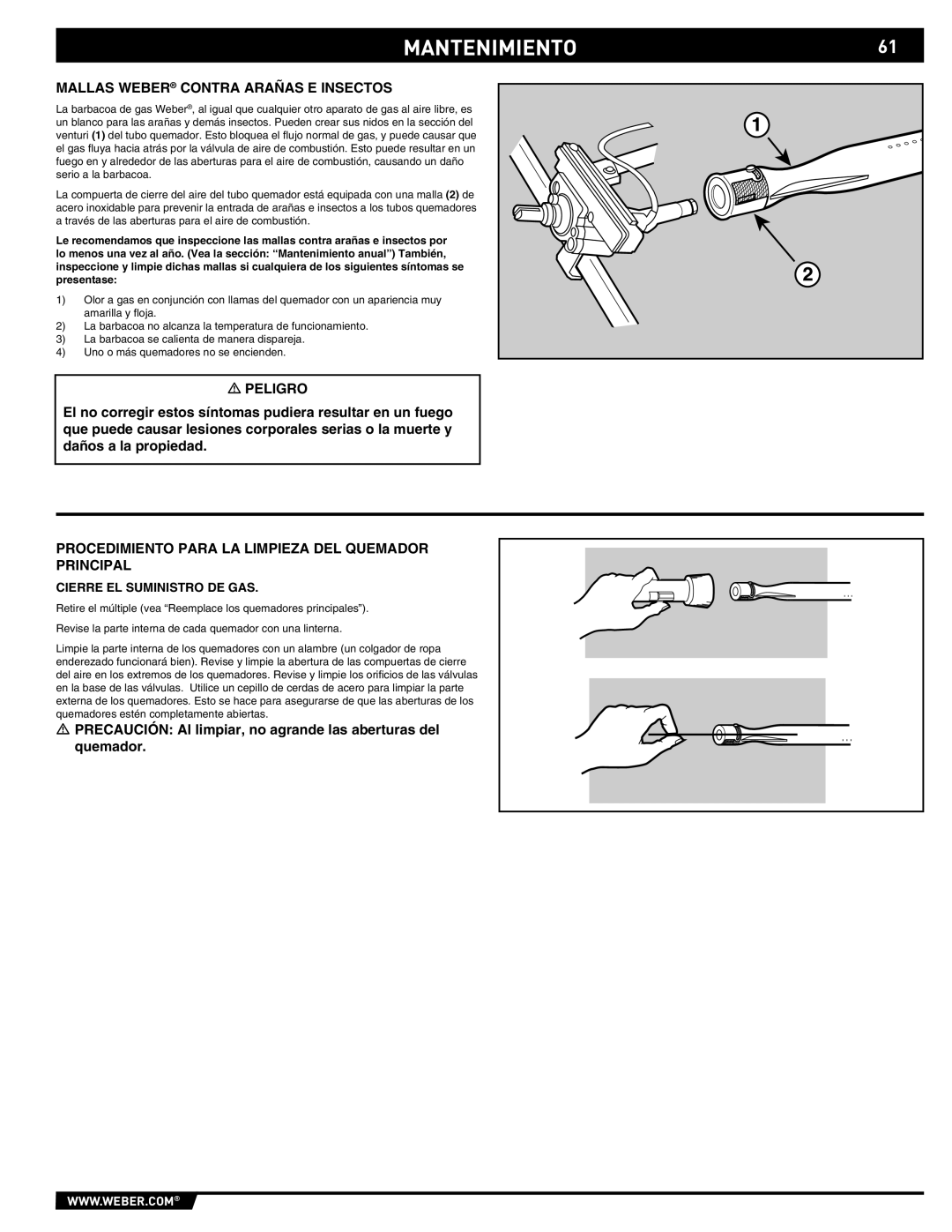 Weber 89369 MANTENIMIENTO61, Mallas Weber Contra Arañas E Insectos, Procedimiento Para LA Limpieza DEL Quemador Principal 