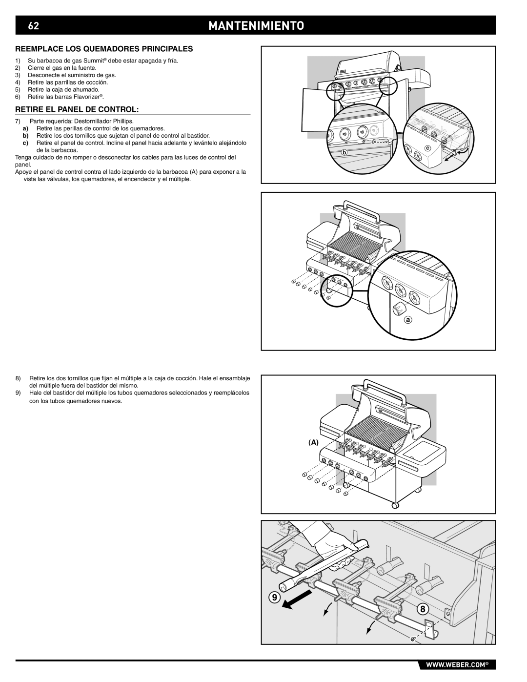 Weber 89369 manual 62MANTENIMIENTO, Reemplace LOS Quemadores Principales 