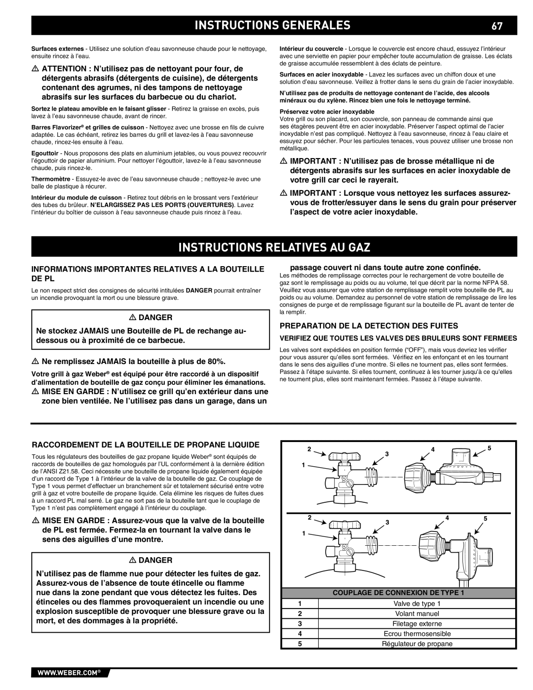 Weber 89369 manual Instructions Relatives AU GAZ, Informations Importantes Relatives a LA Bouteille DE PL 