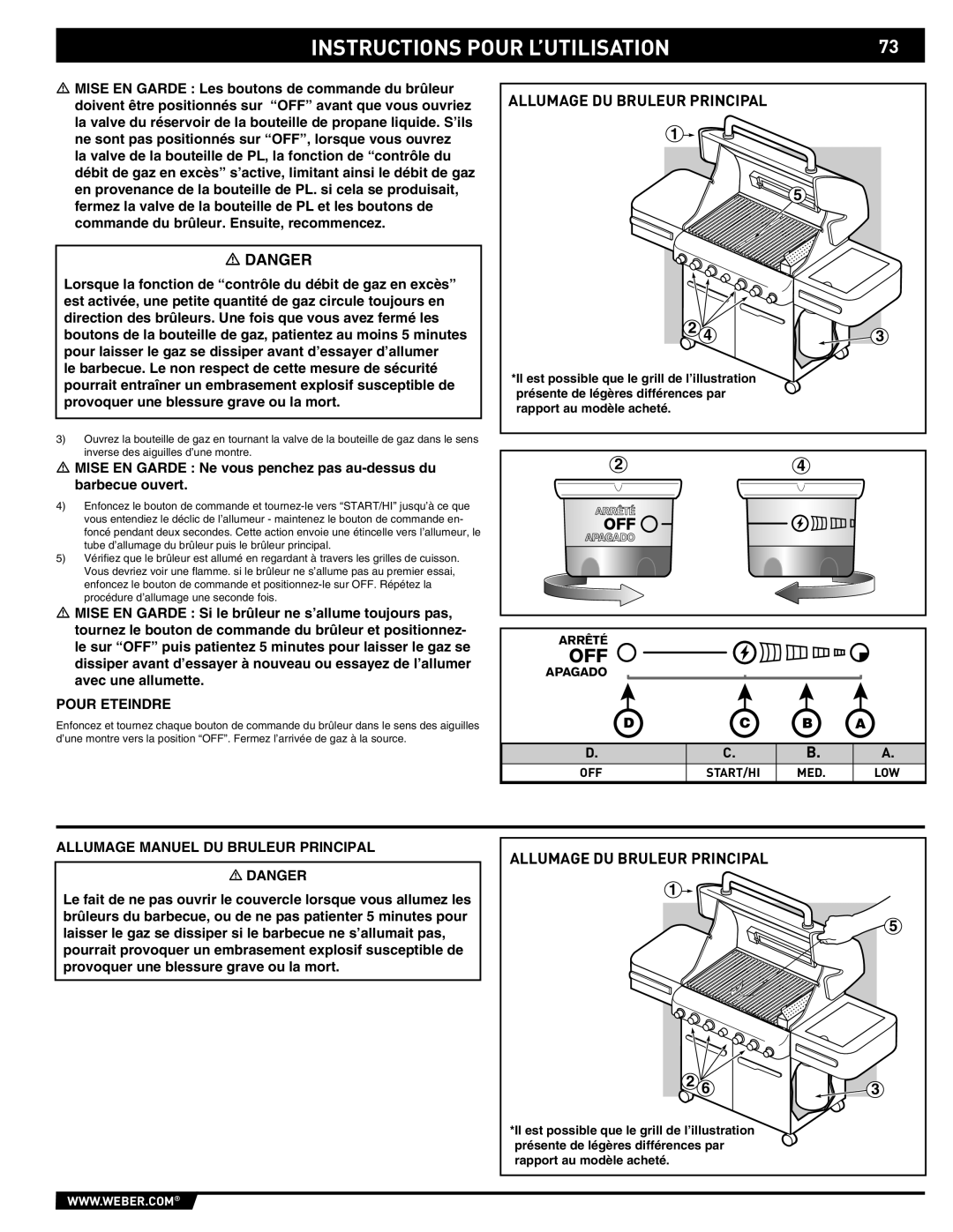 Weber 89369 manual Pour Eteindre, Allumage Manuel DU Bruleur Principal 