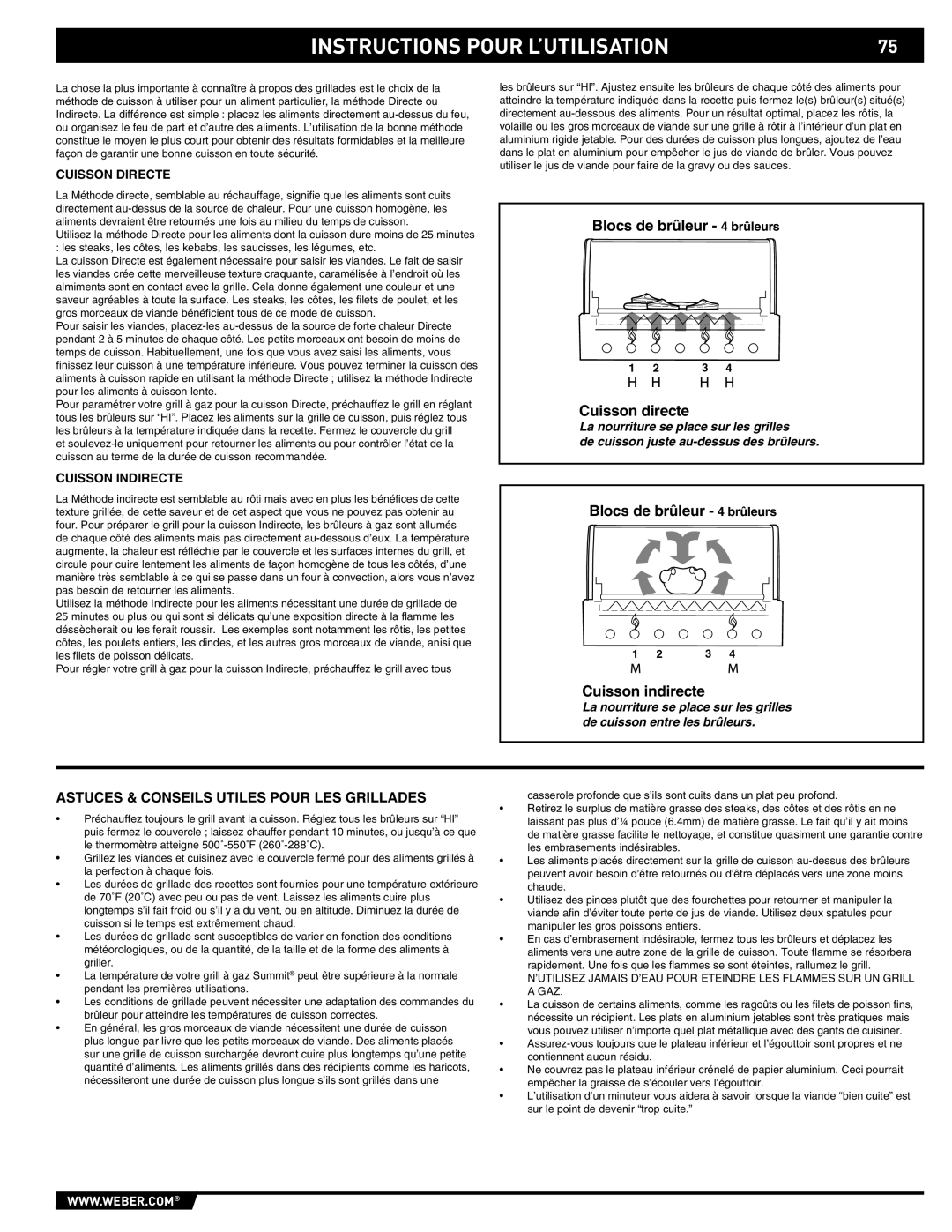 Weber 89369 manual Astuces & Conseils Utiles Pour LES Grillades, Cuisson Directe, Cuisson Indirecte 