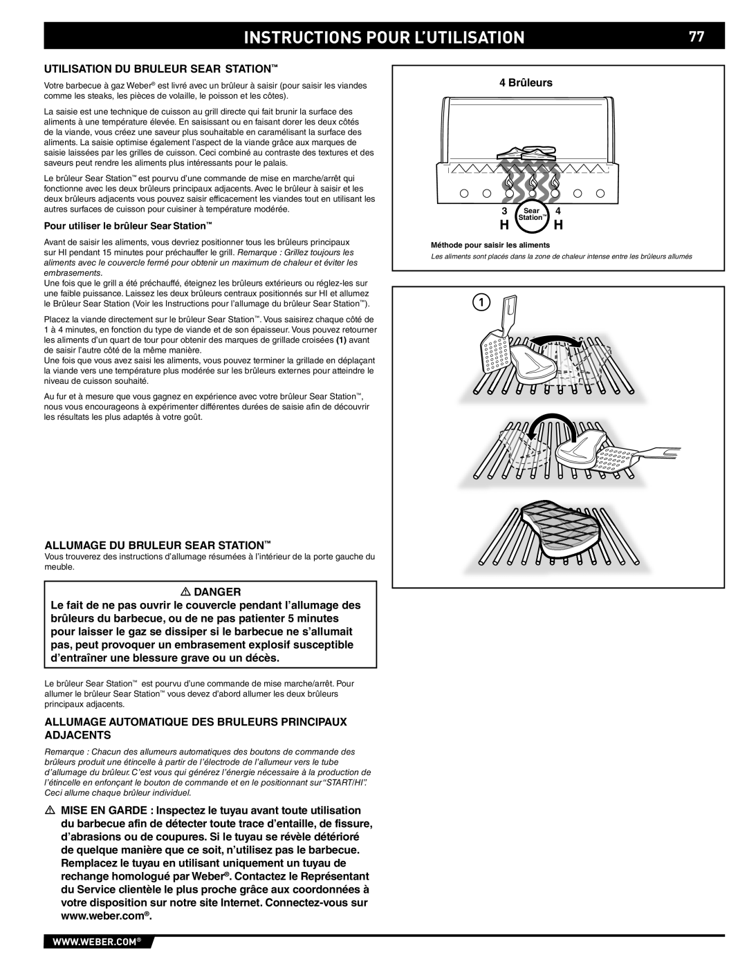 Weber 89369 manual Utilisation DU Bruleur Sear Station, Allumage DU Bruleur Sear Station 