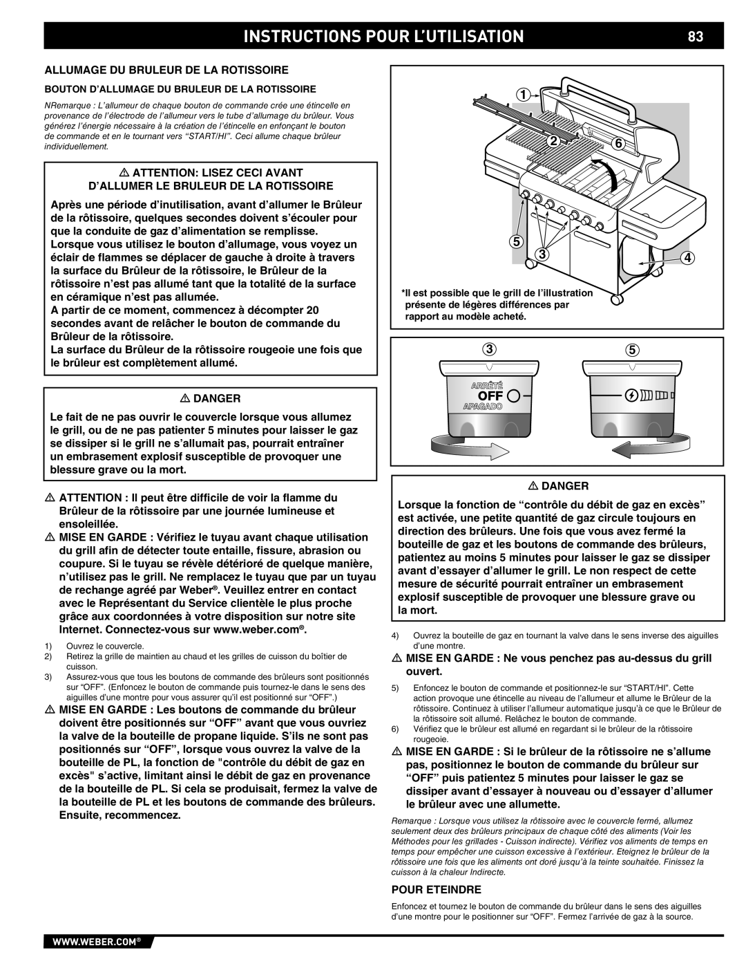 Weber 89369 manual Allumage DU Bruleur DE LA Rotissoire, Mise EN Garde Ne vous penchez pas au-dessus du grill ouvert 