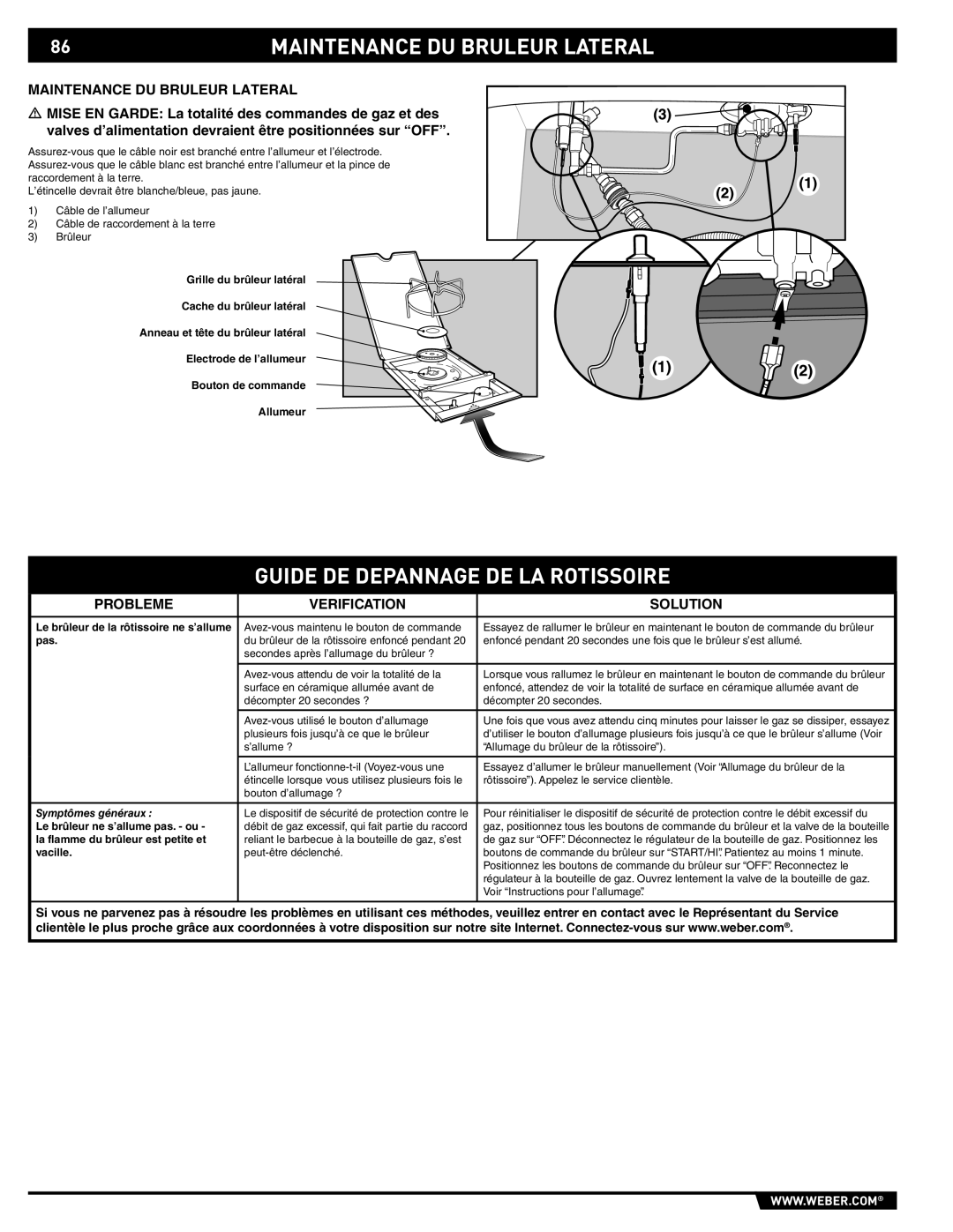 Weber 89369 manual Maintenance DU Bruleur Lateral, Guide DE Depannage DE LA Rotissoire 