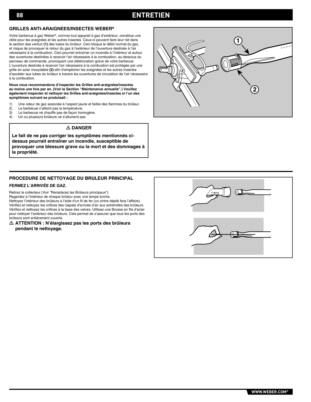 Weber 89369 manual 88ENTRETIEN, Grilles ANTI-ARAIGNEES/INSECTES Weber, Procedure DE Nettoyage DU Bruleur Principal 