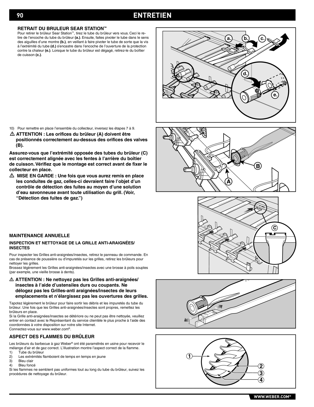 Weber 89369 manual 90ENTRETIEN, Retrait DU Bruleur Sear Station, Maintenance Annuelle, Aspect DES Flammes DU Brûleur 