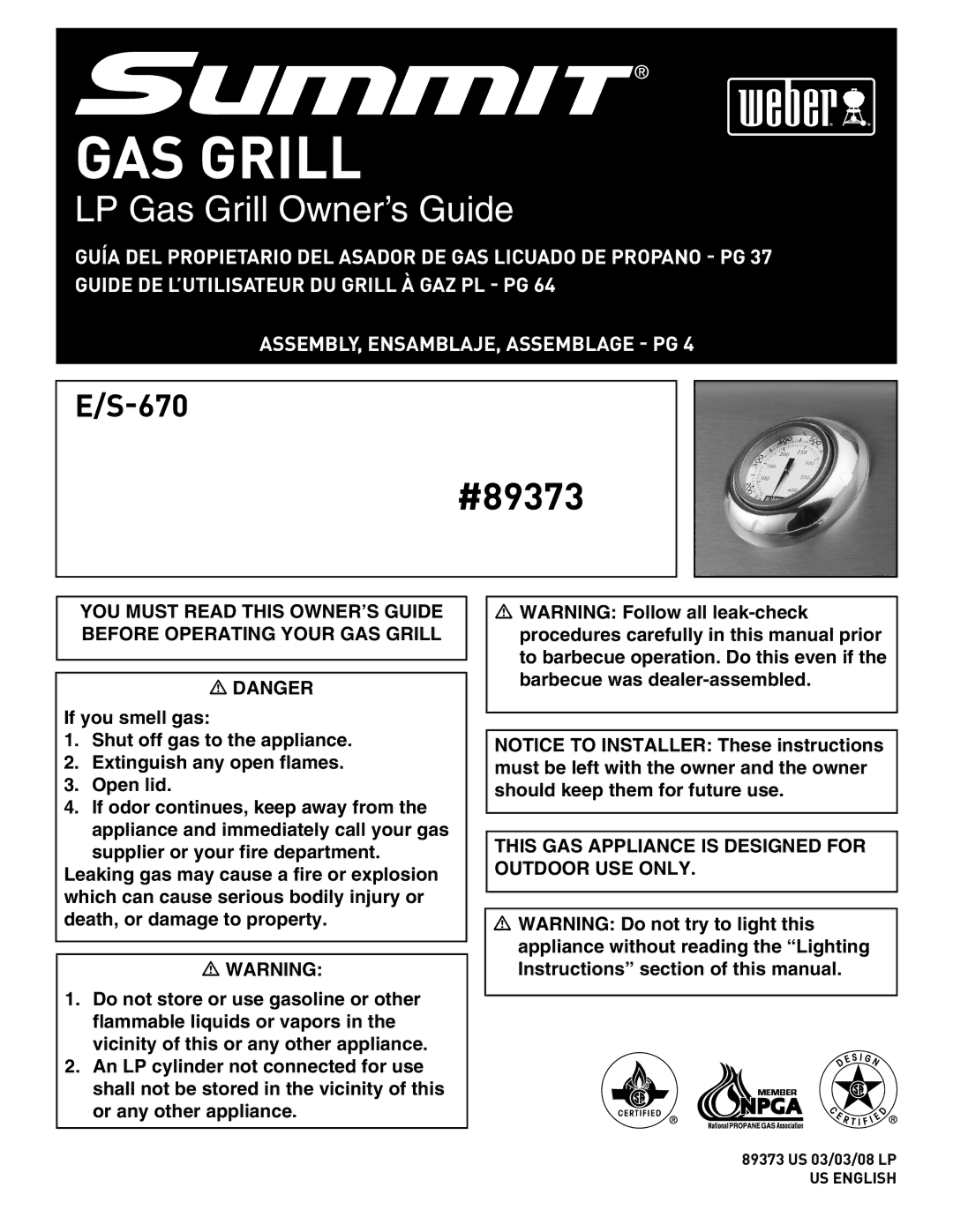 Weber 89373 manual GAS Grill 