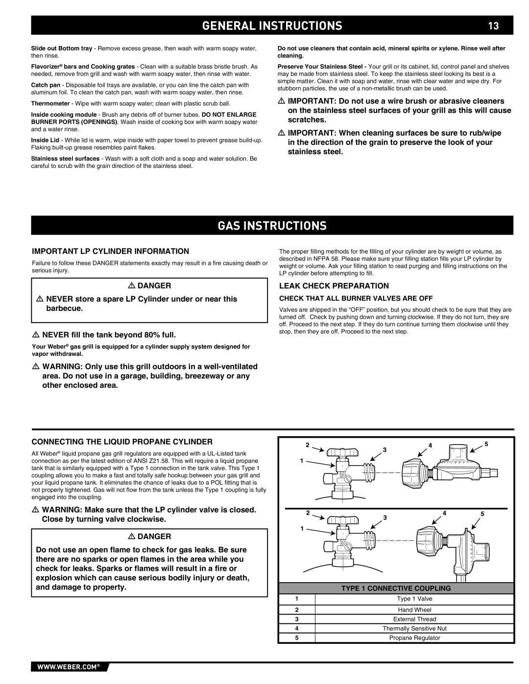 Weber 89373 manual GAS Instructions, Important LP Cylinder Information, Leak Check Preparation 