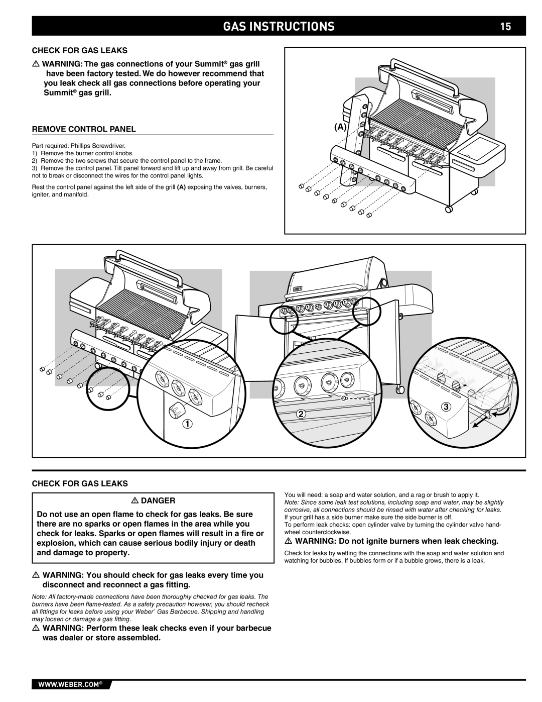 Weber 89373 manual Check for GAS Leaks Remove Control Panel 